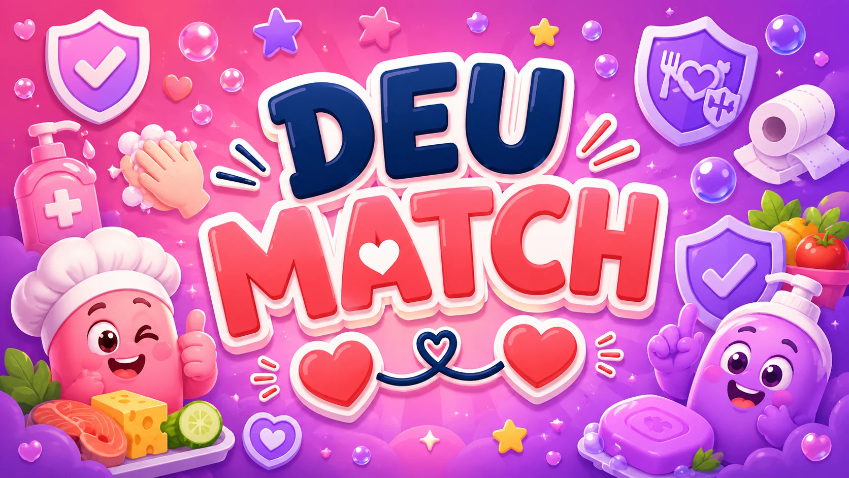 Capa do jogo Deu Match com corações, personagens e símbolos de segurança dos alimentos