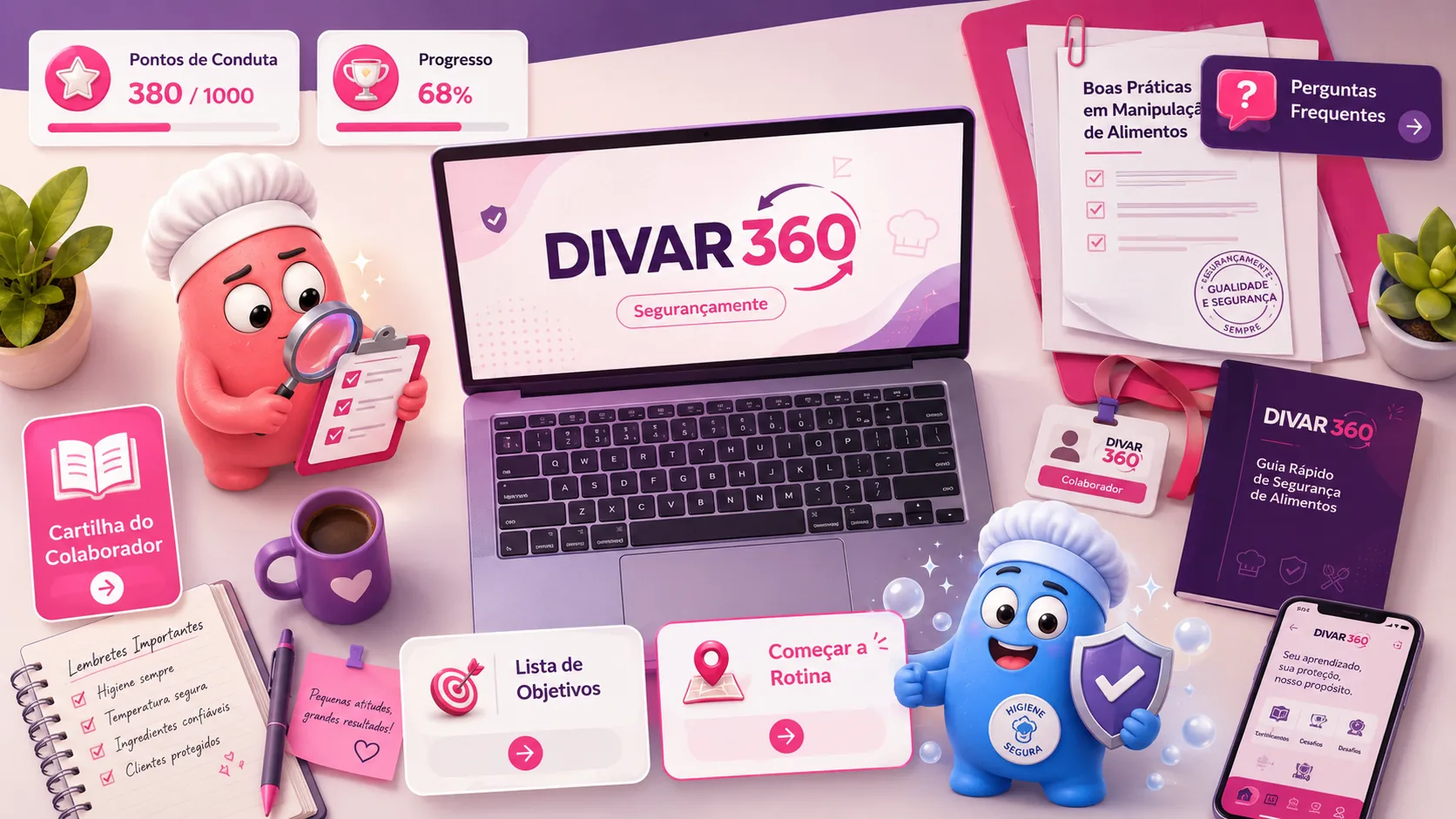 Tela de entrada dos jogos DIVAR 360 com laptop, cartilha, objetivos e personagens