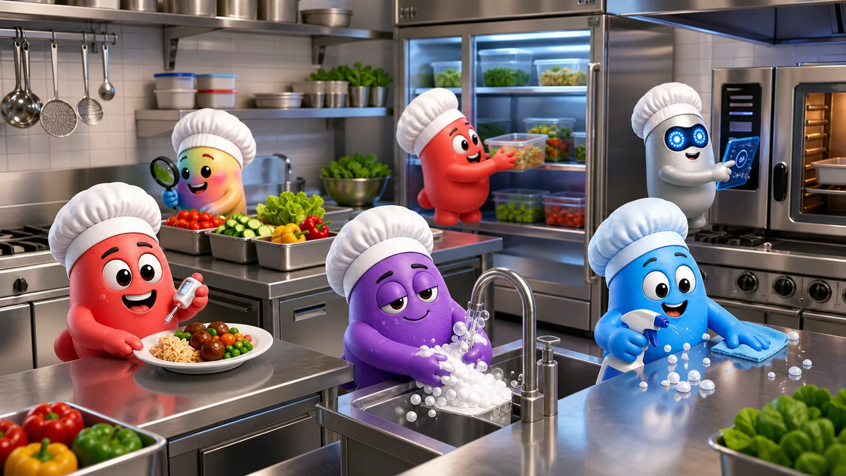 Personagens Segurançamente realizando boas práticas em uma cozinha industrial